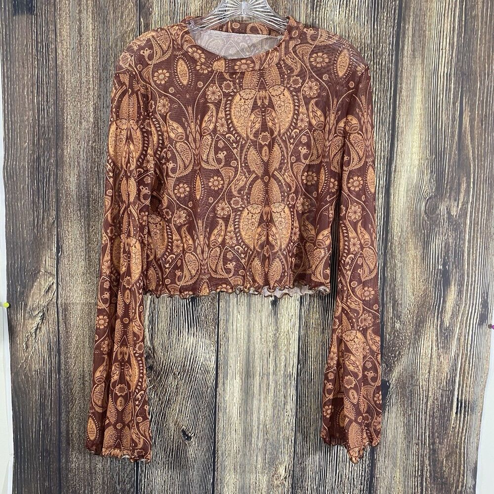 Womens Long Bell Sleeve Mesh Crop Top Juniors 2XL Brown Floral Semi-Sheer